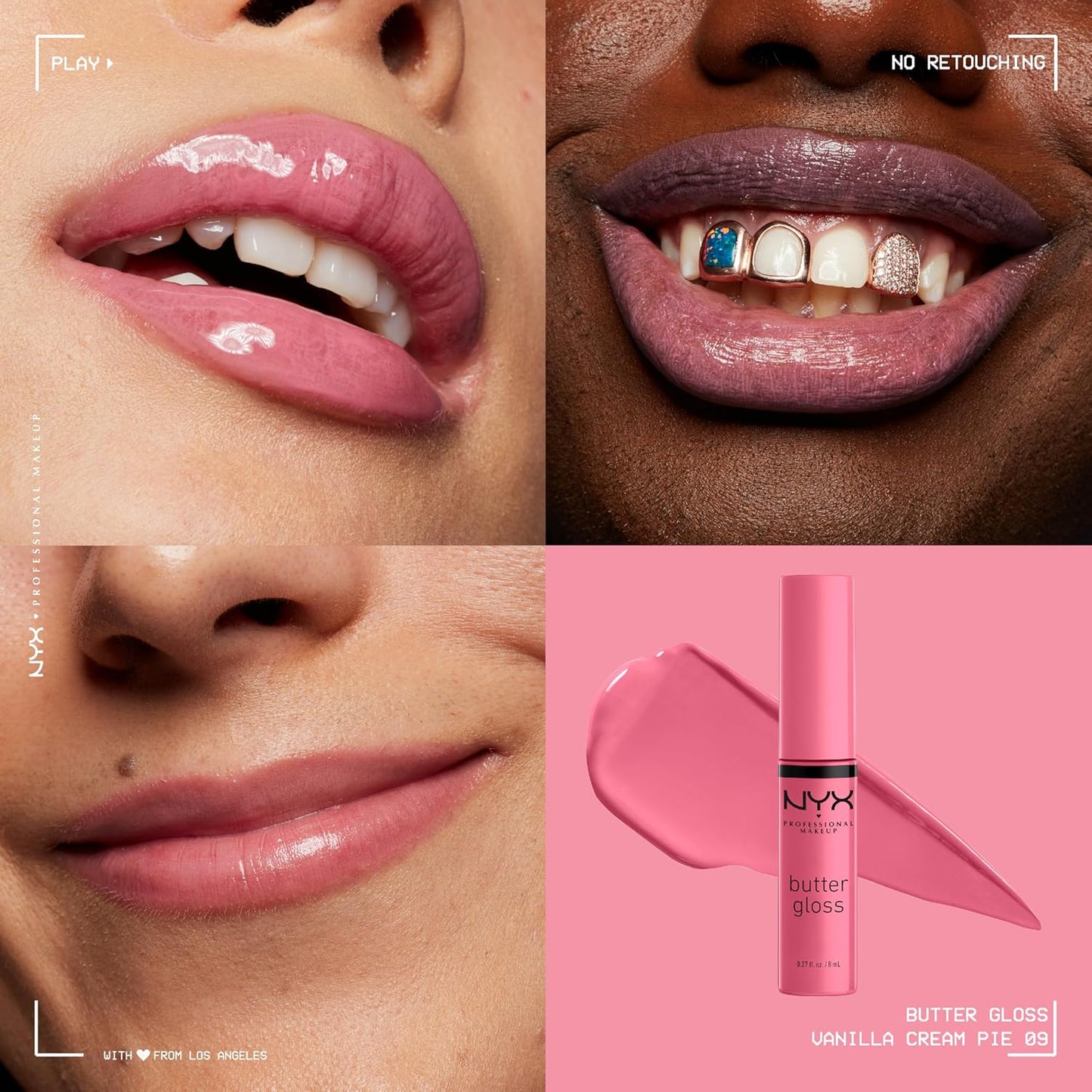 Swatches of NYX Butter Gloss Vanilla Cream Pie showcasing sheer to medium coverage.