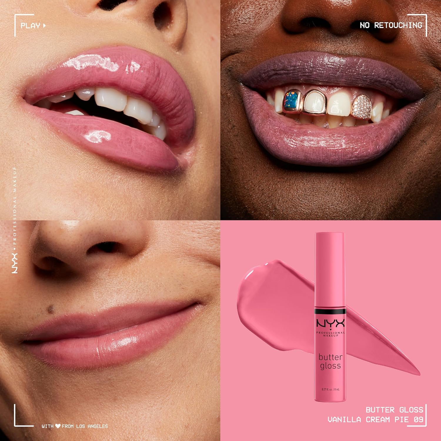 Swatches of NYX Butter Gloss Vanilla Cream Pie showcasing sheer to medium coverage.