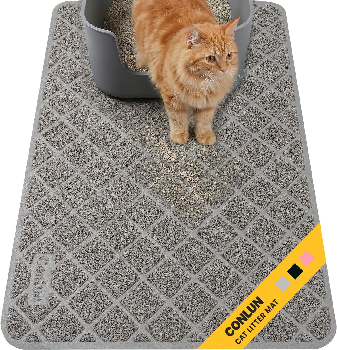 Conlun Cat Litter Mat front view showing grey PVC grid mesh.