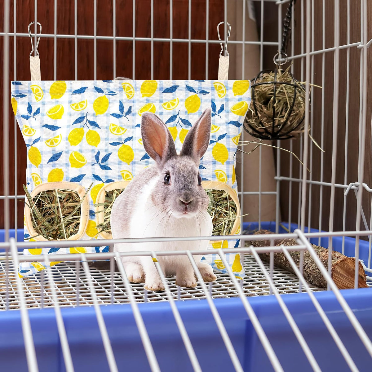 Lesnala 2pcs Bunny hay feeder Rabbit hay feeder bag Hanging guinea pig hay bag Large capacity cotton canvas fabric hay bag for Rabbits Bunny Chinchillas Hamsters and Other Small Pets(3 Holes,2 styles) - Image 2