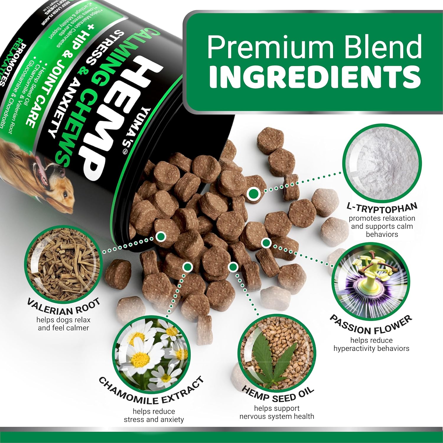 Yuma's premium canine stress supplement with hemp oil ingredients