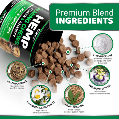 Yuma's premium canine stress supplement with hemp oil ingredients