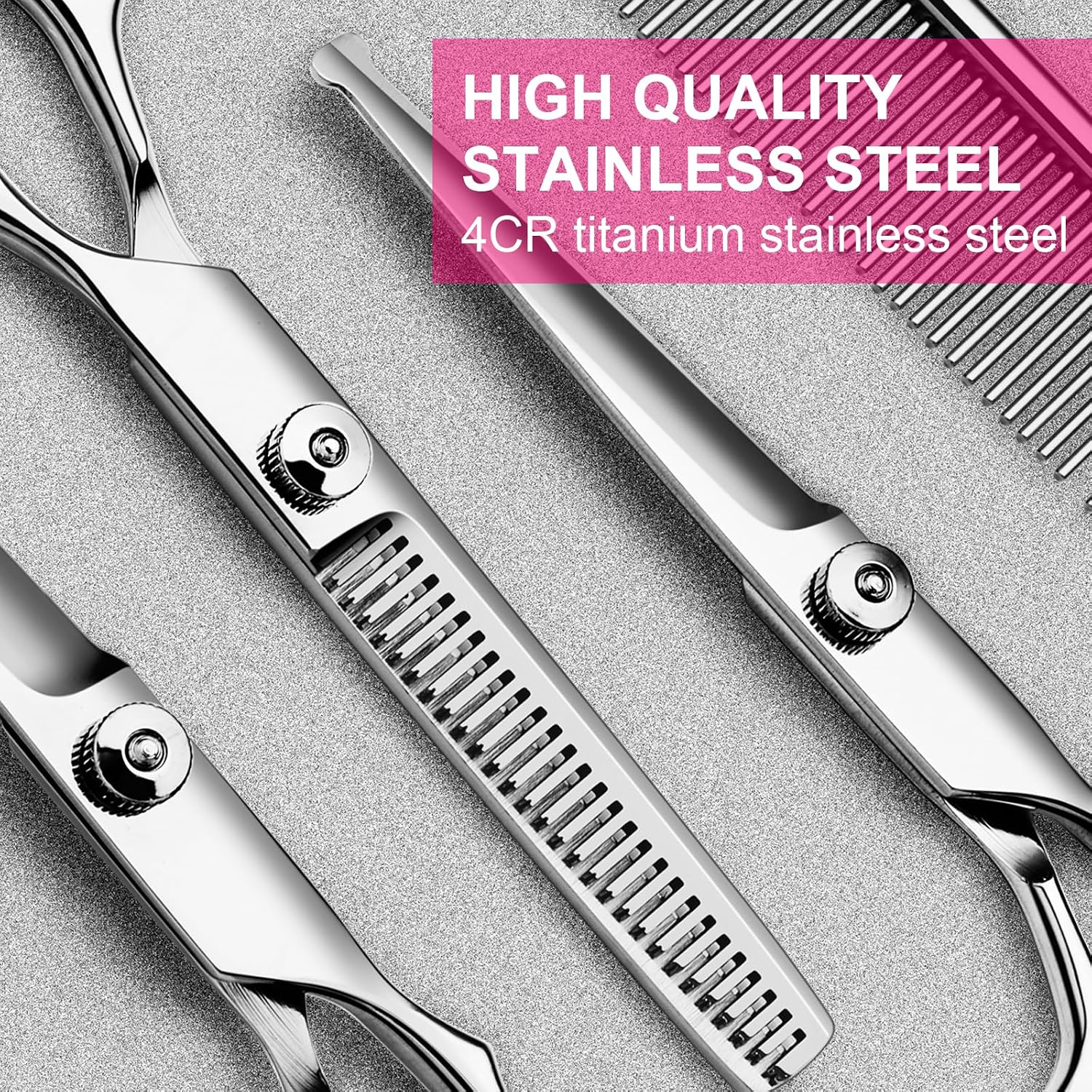 Tinmarda pet scissors showing safety round tips on curved and straight shears for dogs.