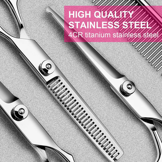 Tinmarda pet scissors showing safety round tips on curved and straight shears for dogs.