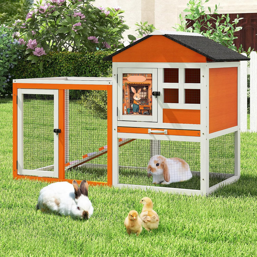 48" L Rabbit Hutch Outdoor Indoor, Expandable 2-Story Large Wooden Bunny Cage with Run, Removale Tray, Top-Opening Waterproof Roof, 2 Doors, DIY Drawing Board, Orange + Colorful Pattern - Image 1