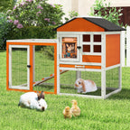 48" L Rabbit Hutch Outdoor Indoor, Expandable 2-Story Large Wooden Bunny Cage with Run, Removale Tray, Top-Opening Waterproof Roof, 2 Doors, DIY Drawing Board, Orange + Colorful Pattern - Image 1