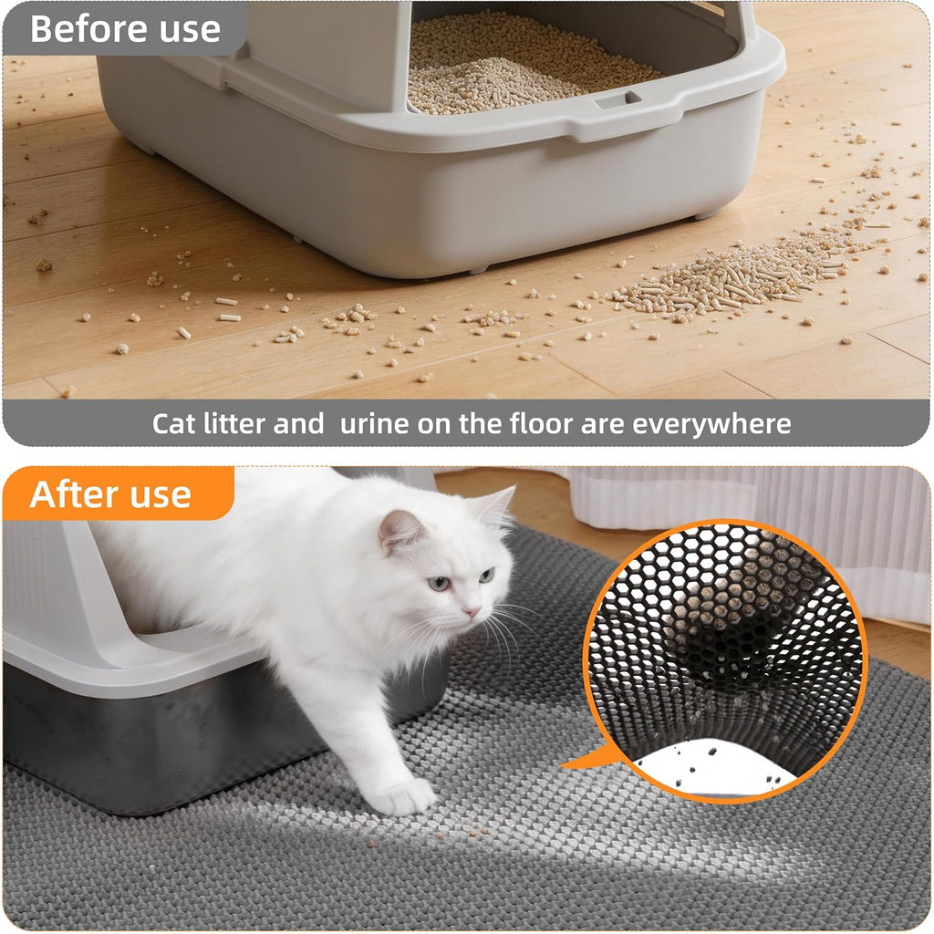 Demonstration of rinsing the washable grey litter mat under a faucet.