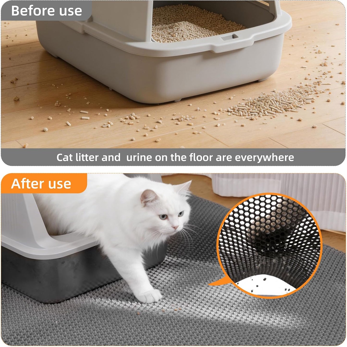Demonstration of rinsing the washable grey litter mat under a faucet.