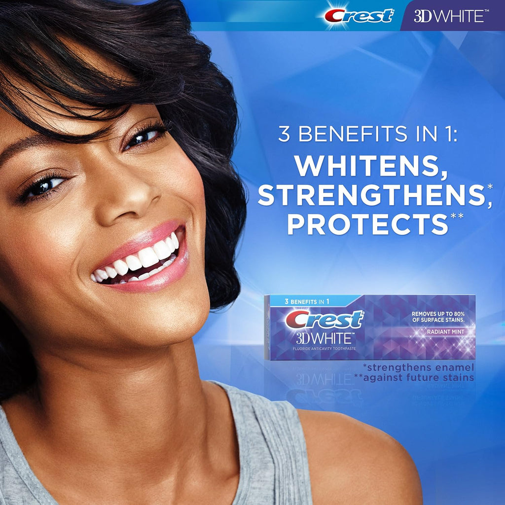 Back packaging of Crest Radiant Mint three point five ounce dual pack showing usage instructions