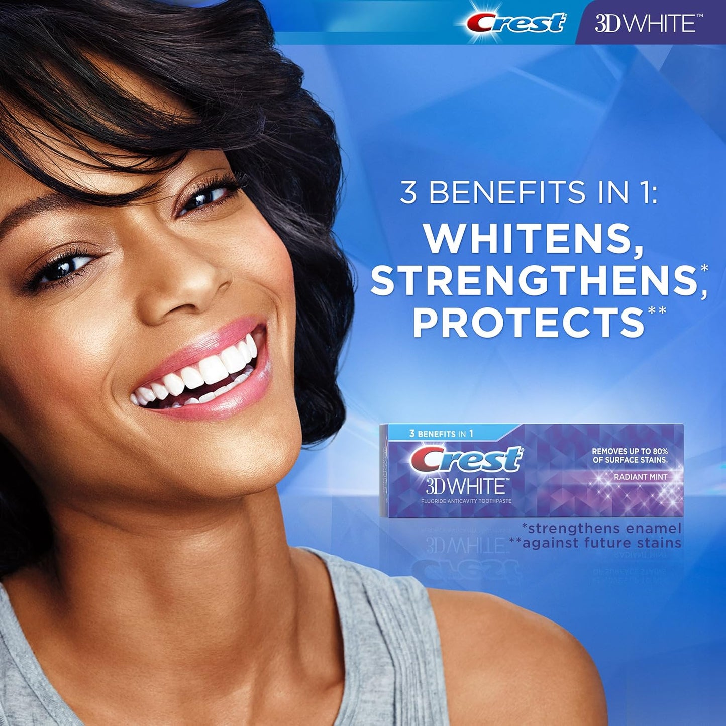 Back packaging of Crest Radiant Mint three point five ounce dual pack showing usage instructions