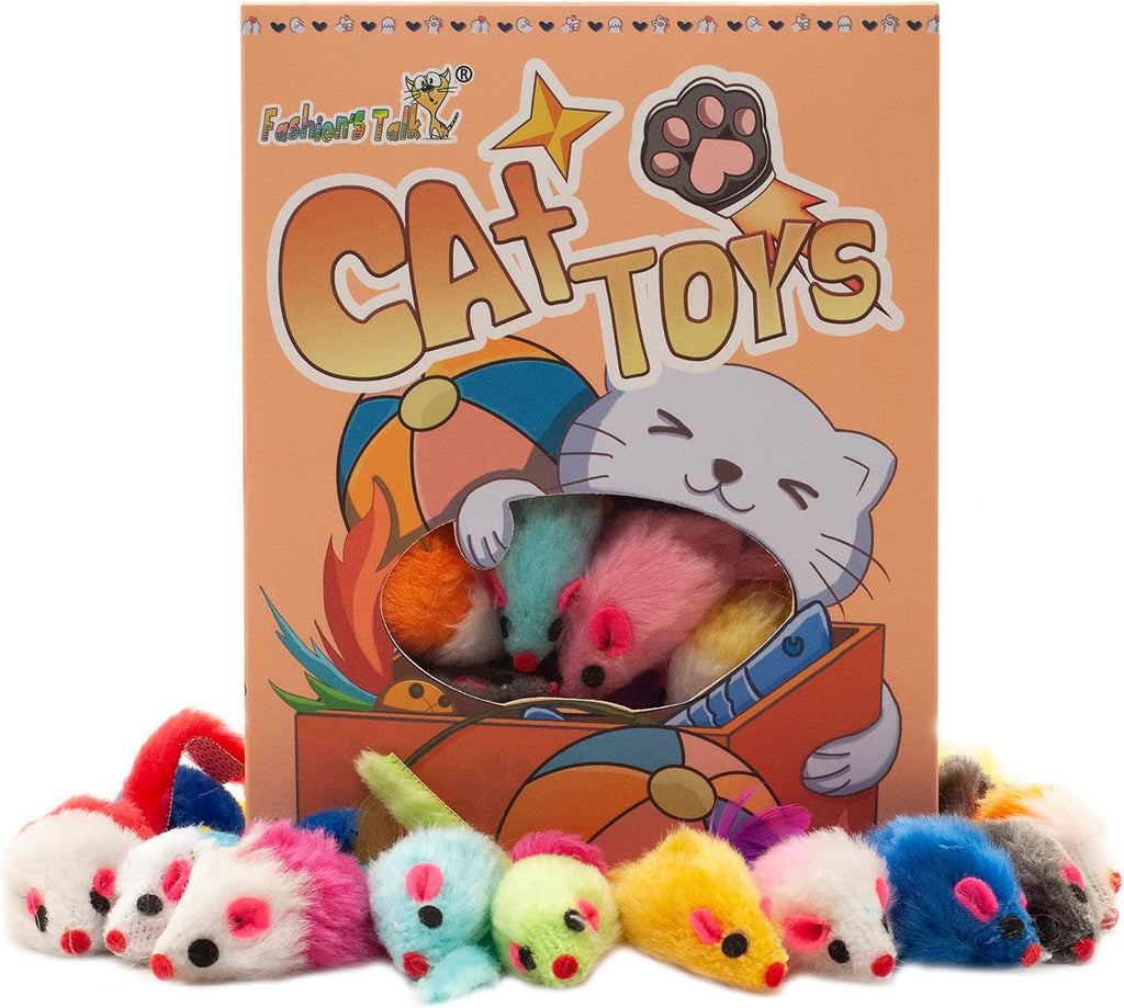 Durable plastic body fuzzy mice toys containing internal rattling sand.