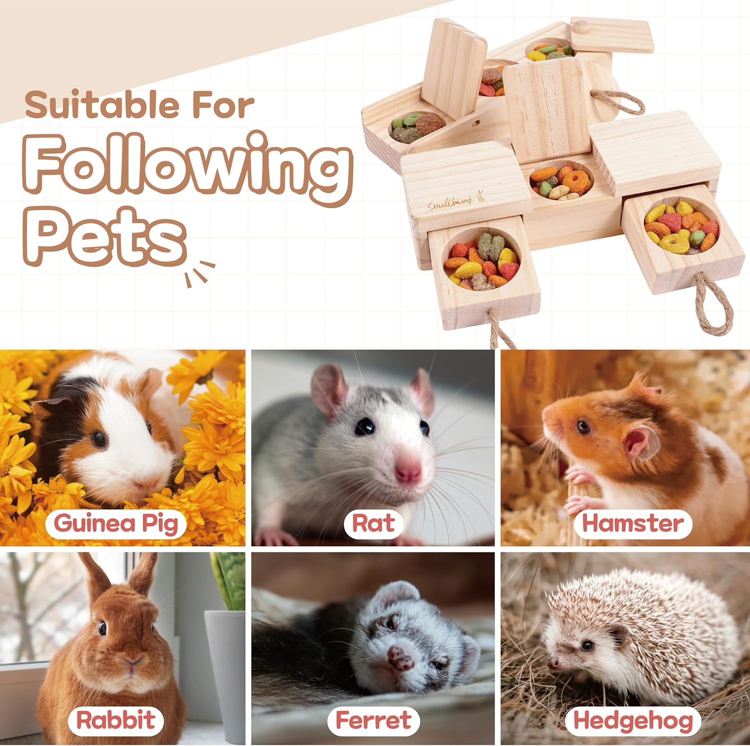 Natural solid wood rabbit chew blocks with pull up lids