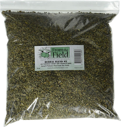 Close up view of natural crushed organic green leaves inside a clear resealable cat attractant bag