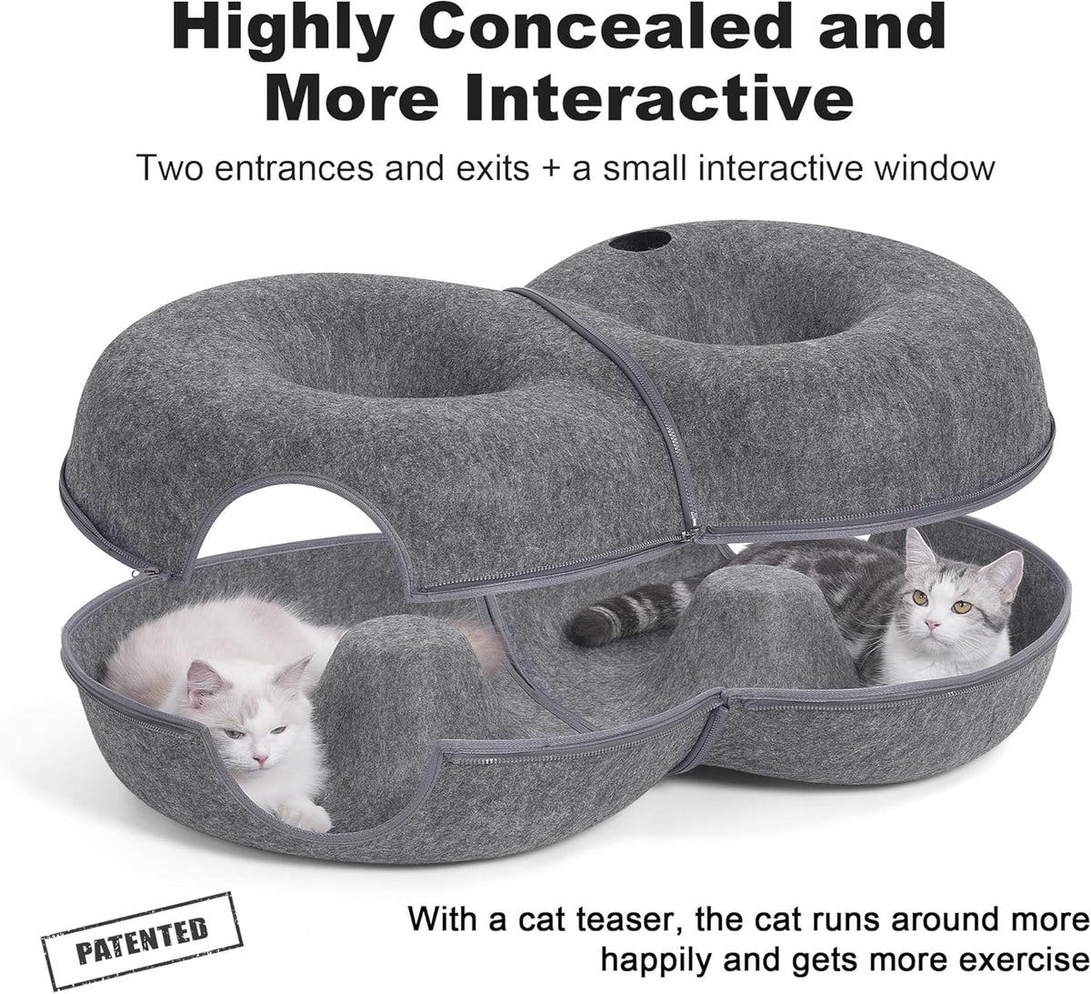 Detachable cat donut tunnel bed being unzipped for easy cleaning and storage.