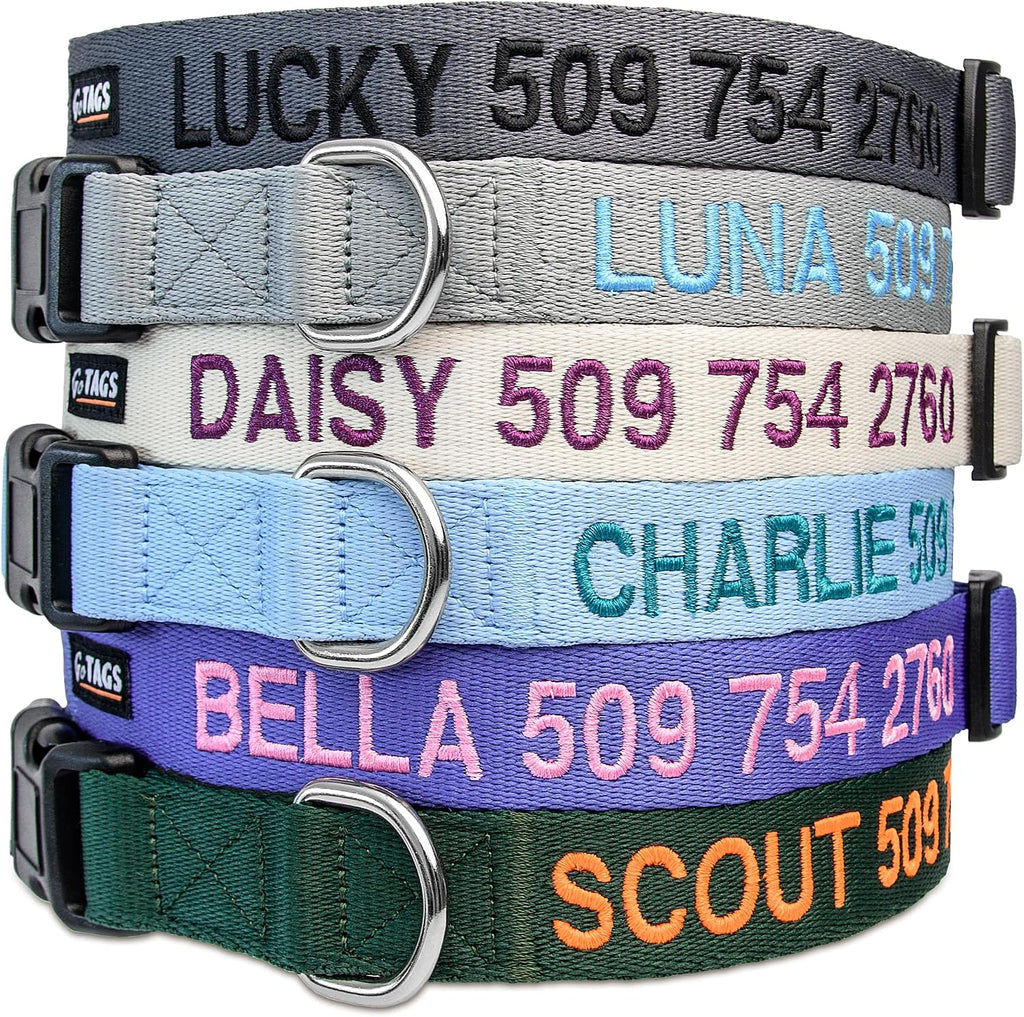 GoTags personalized dog collar front view with custom embroidery