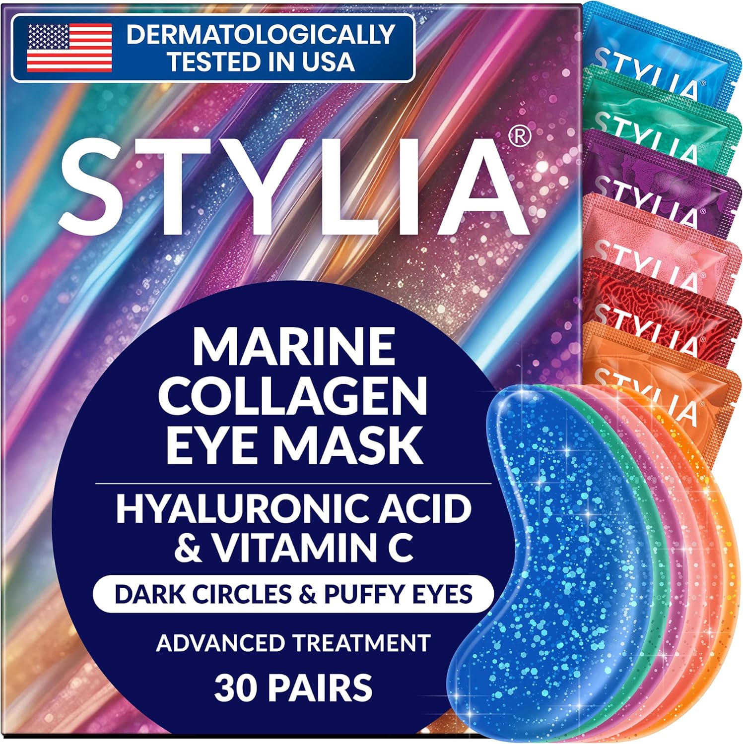 Stylia Collagen and Vitamin C Under Eye Patches front packaging view showing thirty pairs box