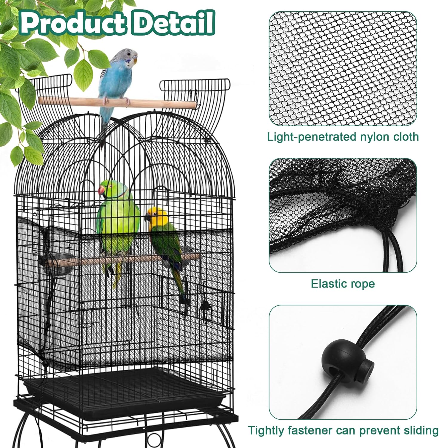 Heavy duty bird seed catcher netting with adjustable drawstring and lock buckle detail