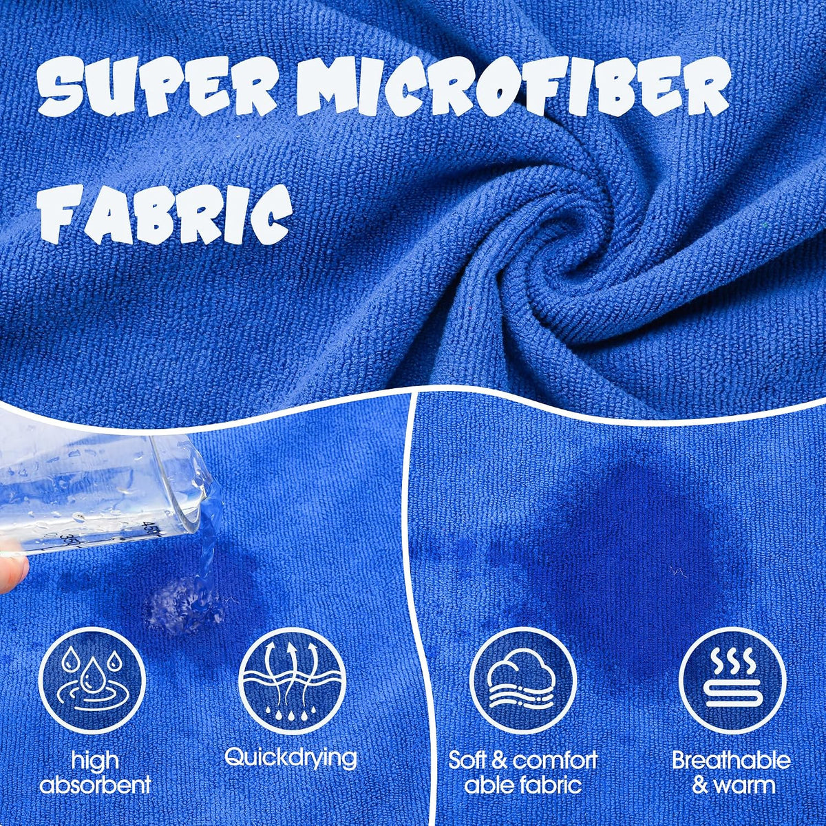 Blue pet drying coat with adjustable belly strap worn by a happy dog