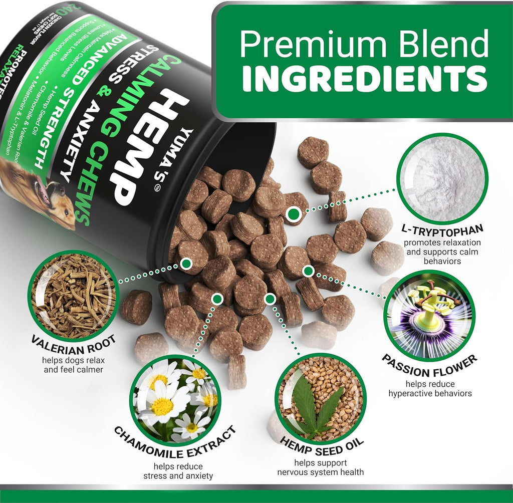 Chicken flavored hemp calming chews for dog joint and separation anxiety support