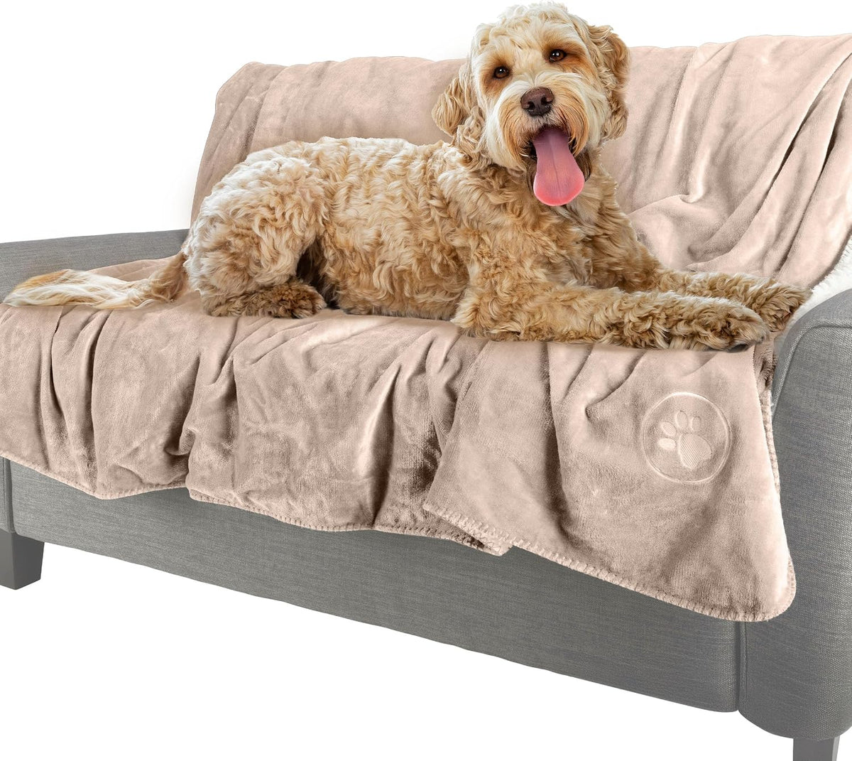Dual layer waterproof cat blanket showing both gray plush and cream sherpa sides