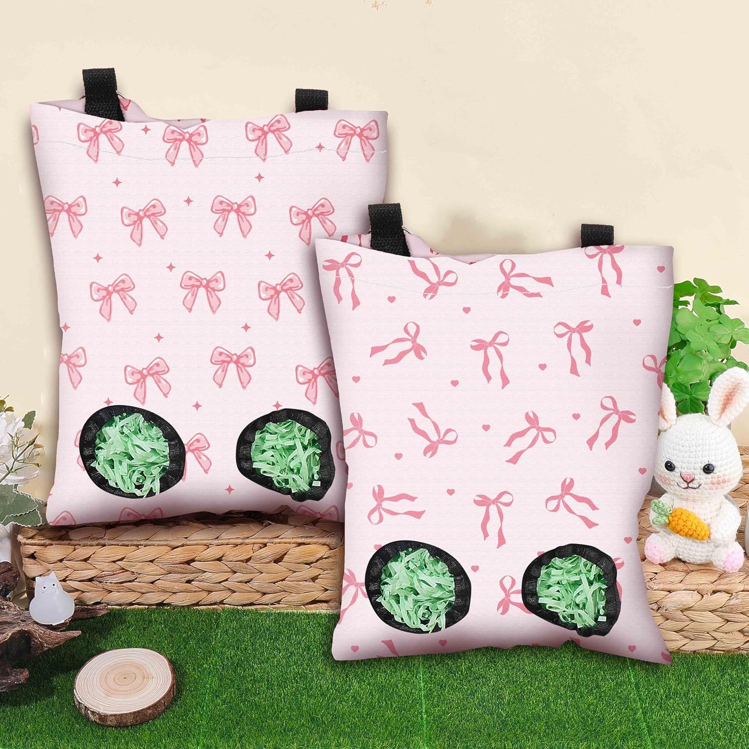 2Pcs 2 Styles Small Pet Hanging Hay Bag Pink Hay Feeder Bag with 2 Holes Bowknot Pattern Cloth Washable Rectangle Feeding Storage for Rabbit Chinchillas Hamsters Guinea Pigs 12 x 9 Inch - Image 4