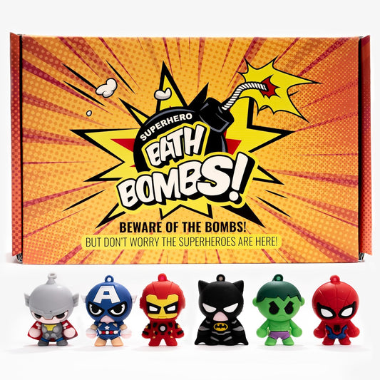 Cosmetics Stories Superhero Bath Bombs front view showing premium six pack box packaging with colorful comic character illustrations