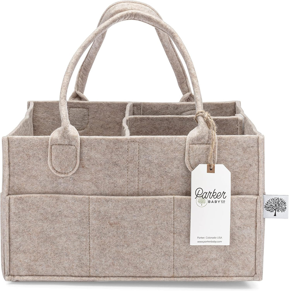 Parker Baby diaper caddy front view in oatmeal color