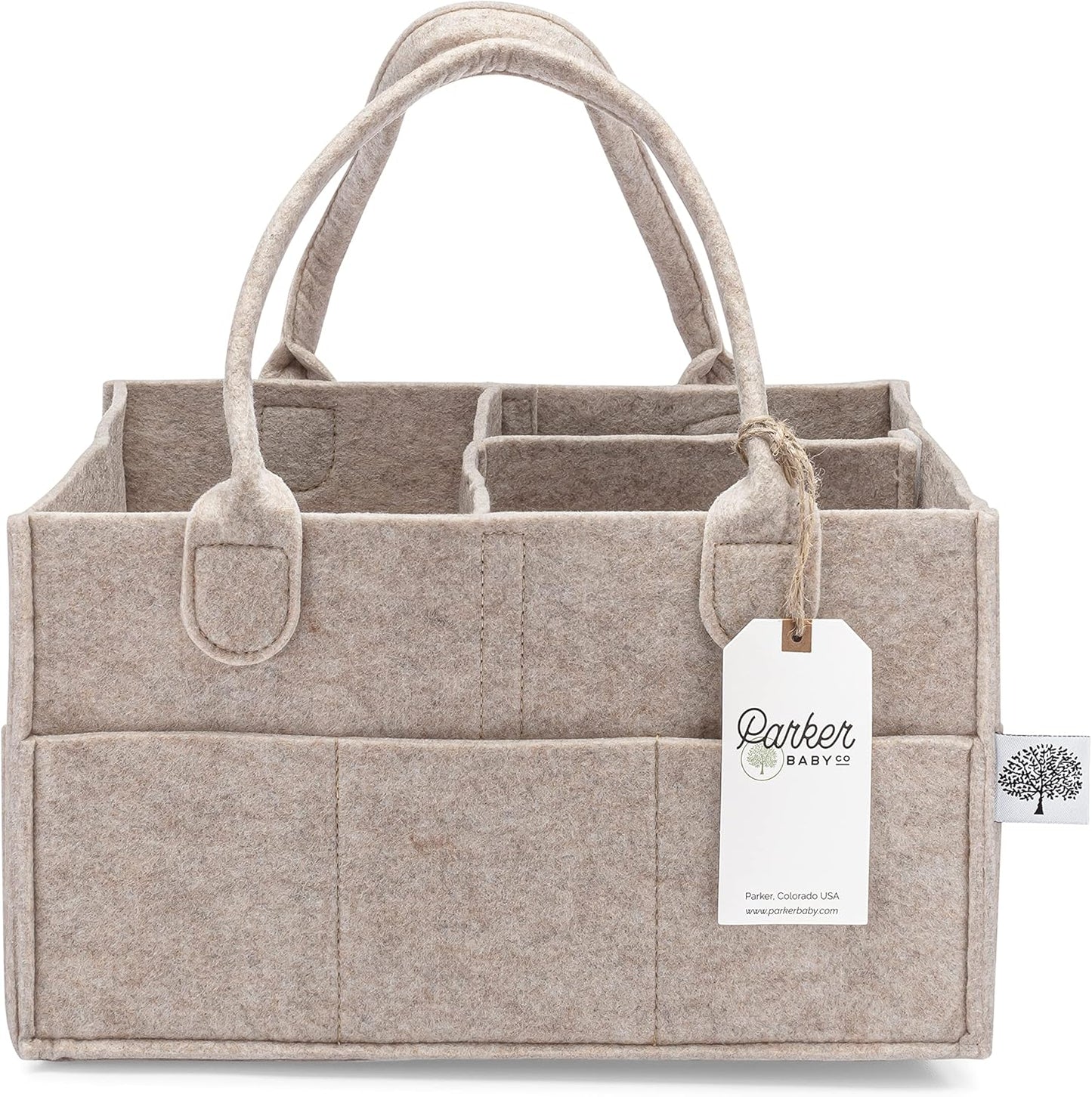 Parker Baby diaper caddy front view in oatmeal color