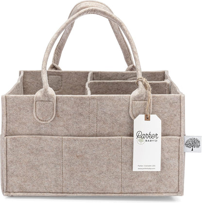 Parker Baby diaper caddy front view in oatmeal color