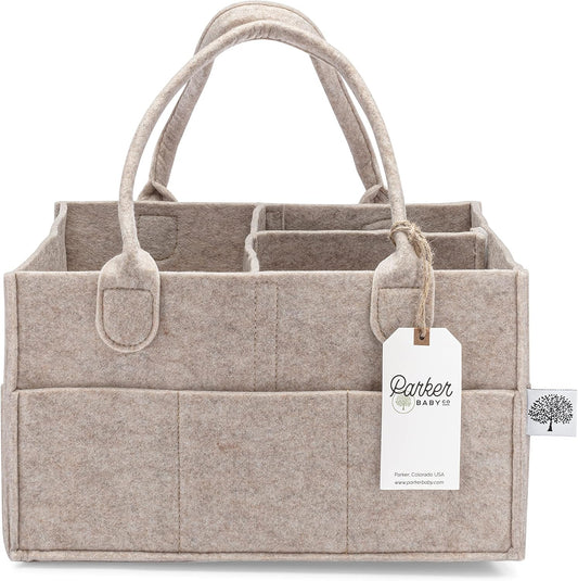 Parker Baby diaper caddy front view in oatmeal color