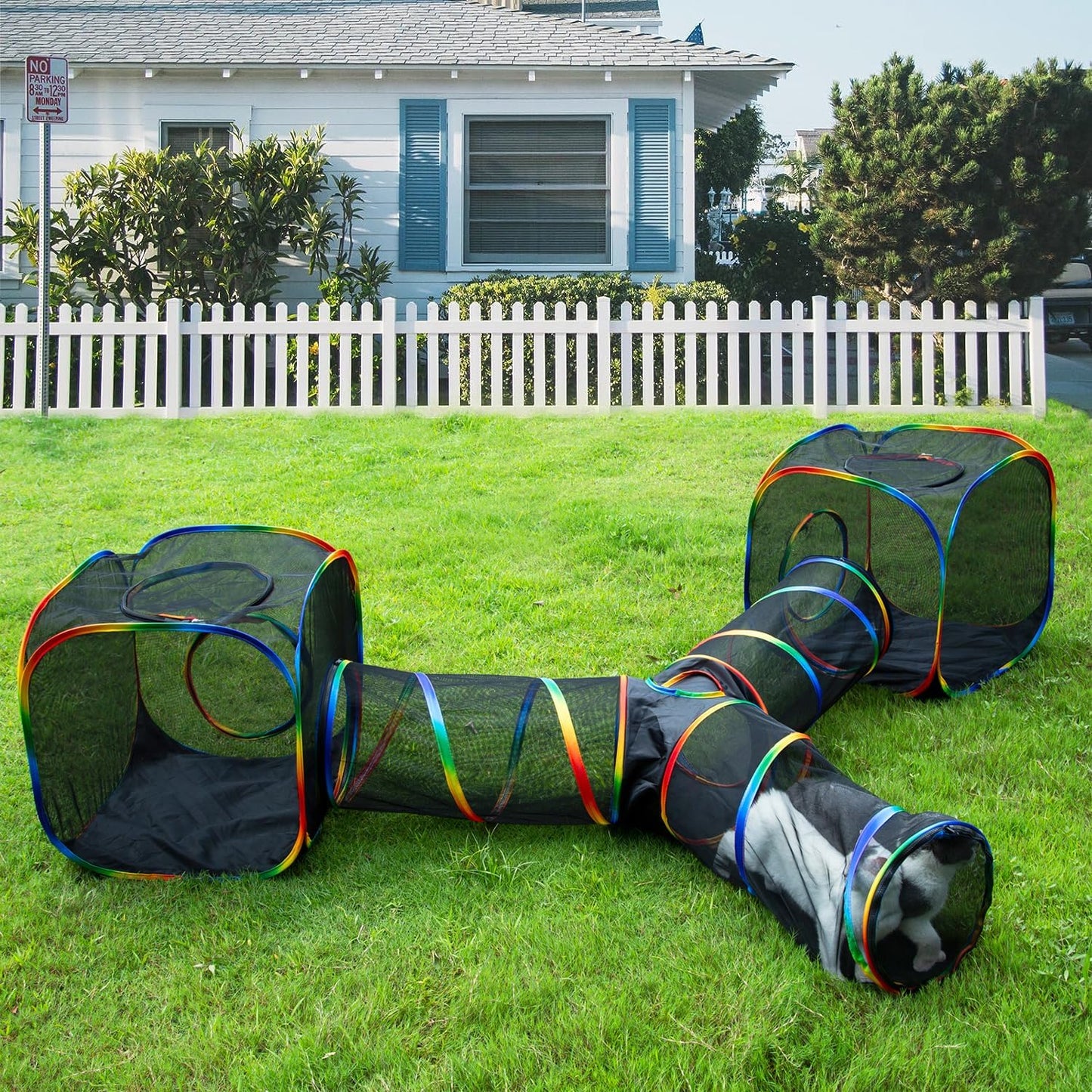 Portable Cat Enclosure - 2-in-1 Outdoor Catio with Tent & Tunnel, Foldable Playpen for Indoor Cats, Includes Storage Bag for Cats & Small Animals Rainbow Color - Image 10