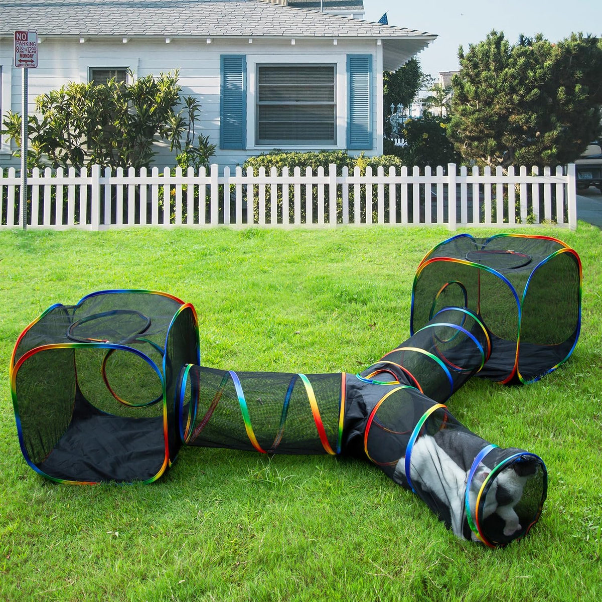 Portable Cat Enclosure - 2-in-1 Outdoor Catio with Tent & Tunnel, Foldable Playpen for Indoor Cats, Includes Storage Bag for Cats & Small Animals Rainbow Color - Image 10