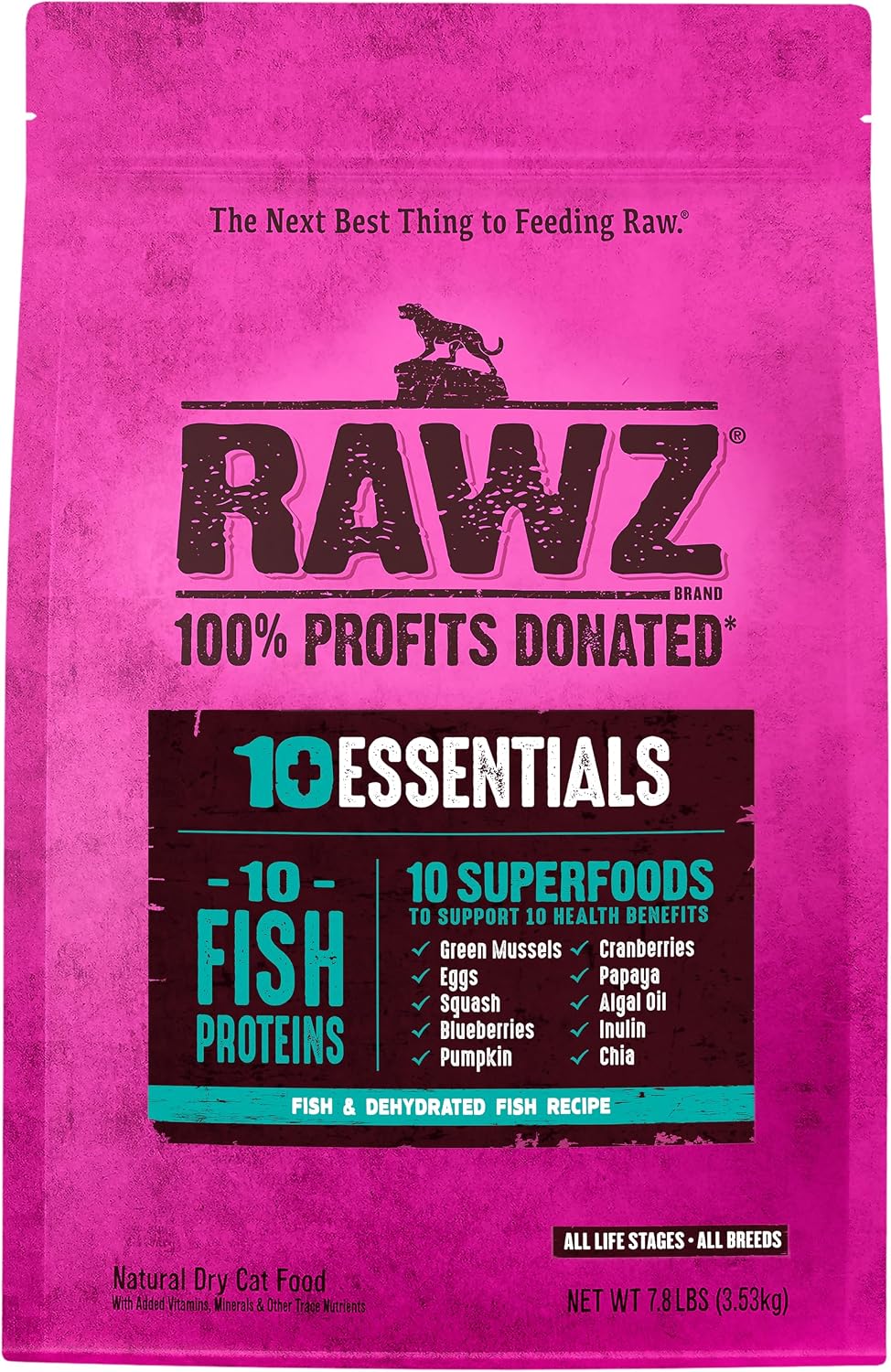 Rawz 10 Essentials cat food packaging showing all life stages certification