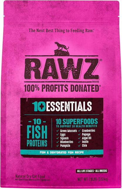 Rawz 10 Essentials cat food packaging showing all life stages certification
