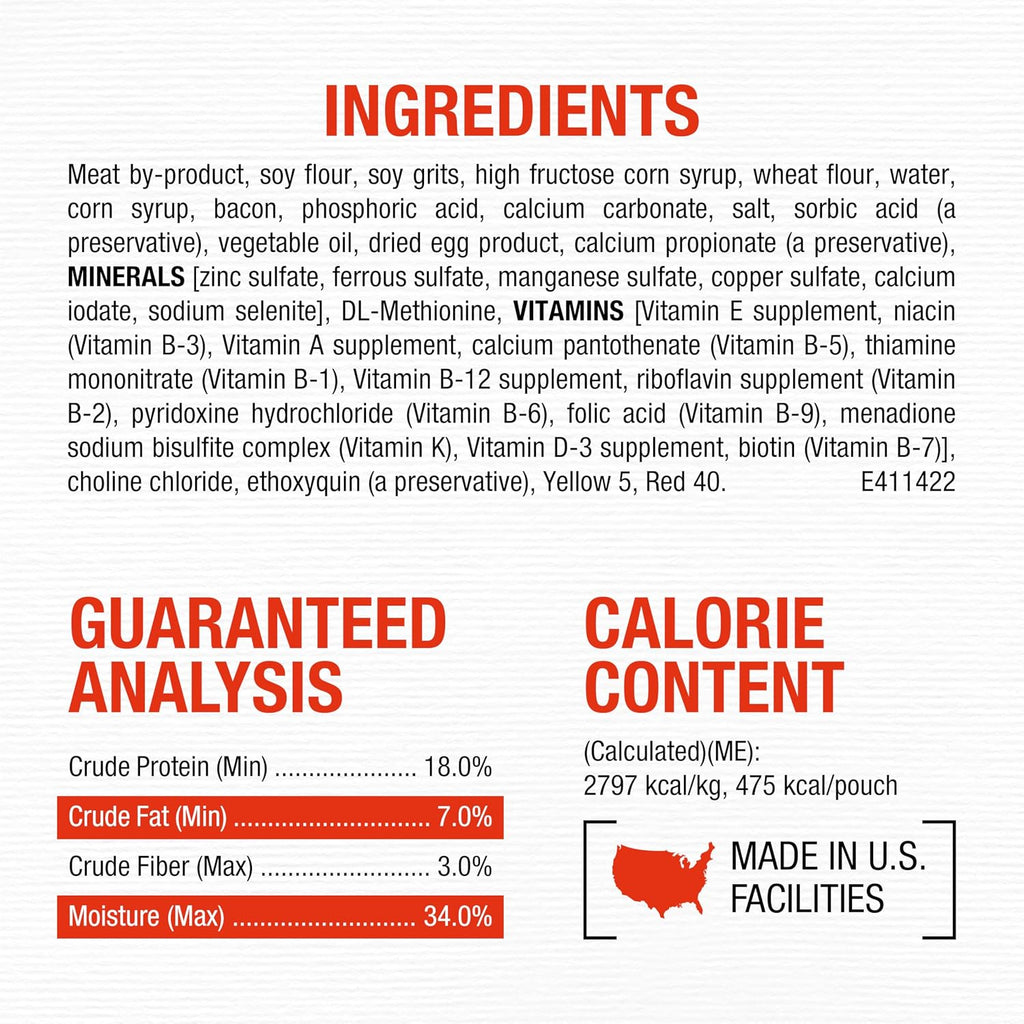 Purina Moist and Meaty adult dog food thirty six count box side nutrition label