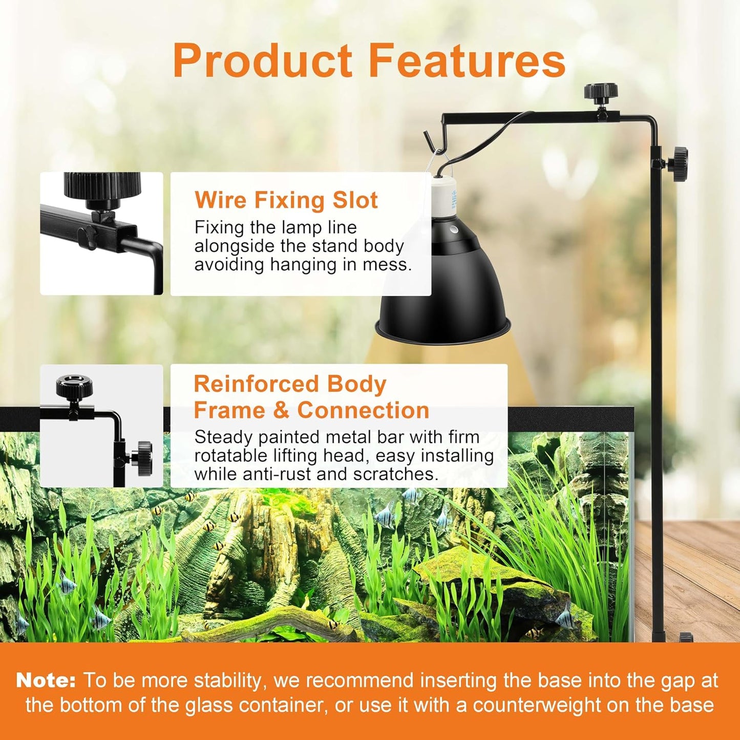 Heavy duty reptile floor light holder with adjustable height extension
