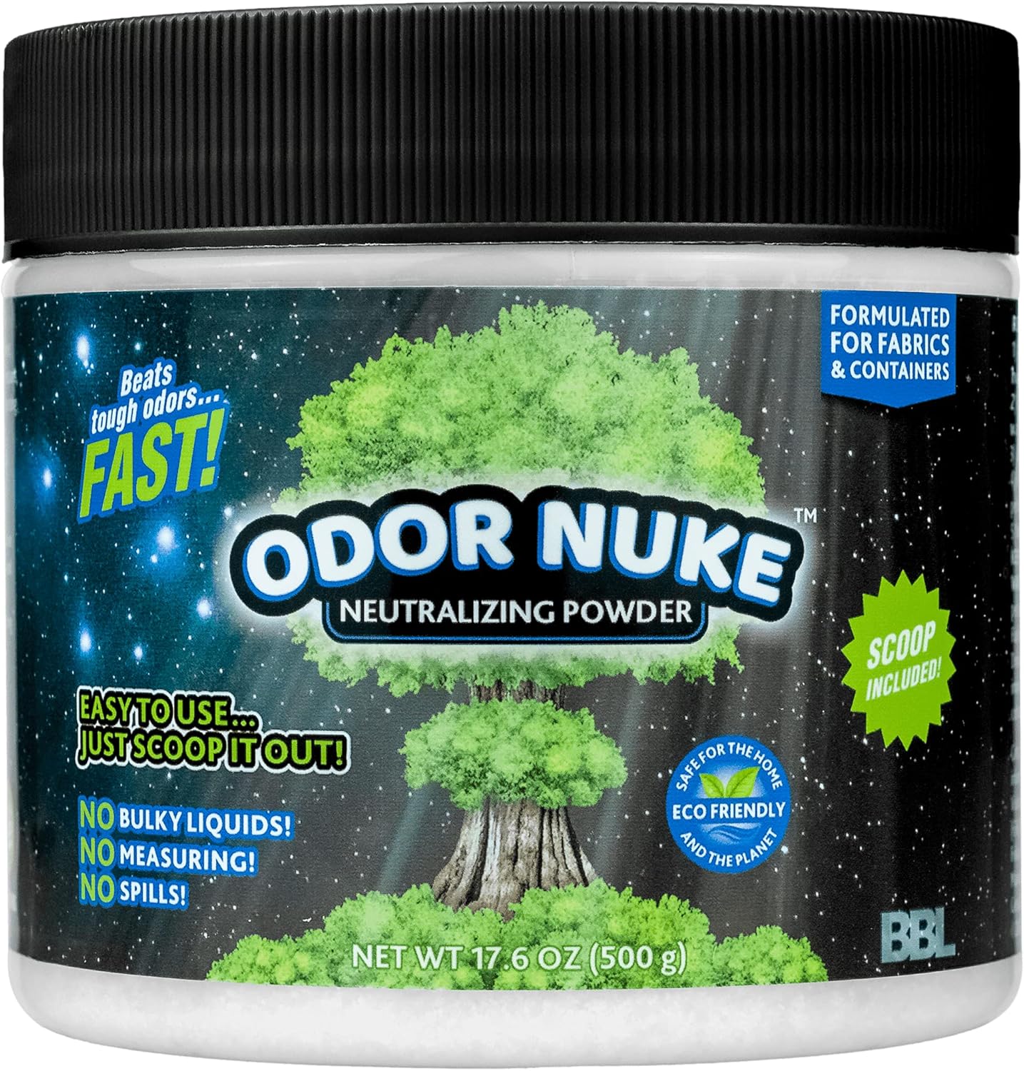 Odor Nuke Bedside Commode Deodorizer front view 17.6 Ounce professional urine odor neutralizer powder container