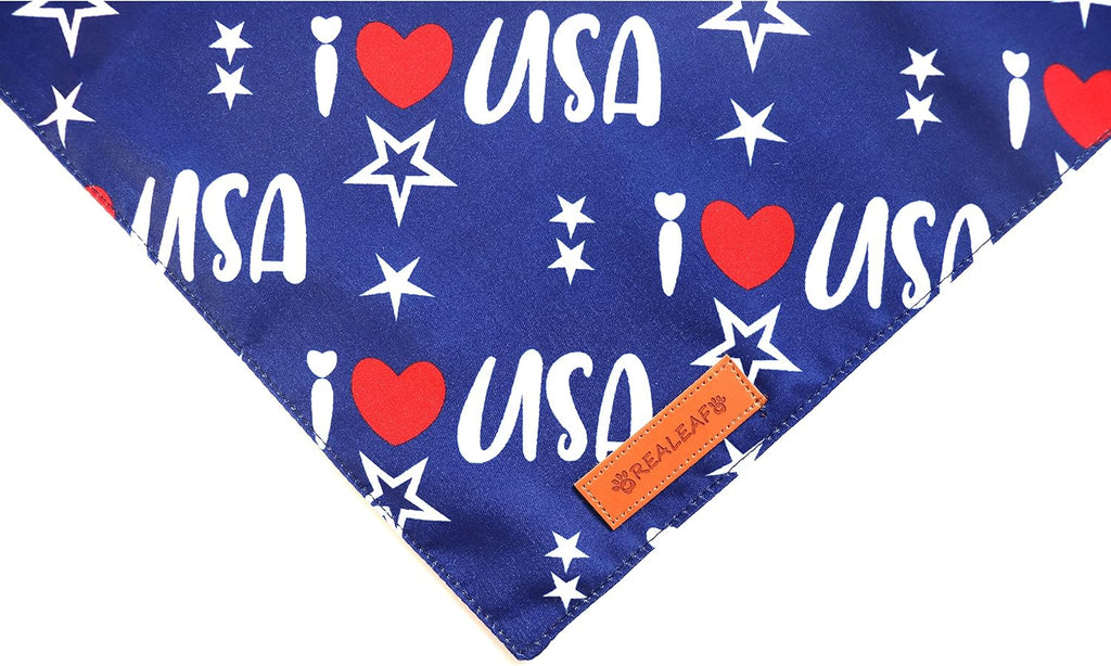 Two pack of Realeaf triangle reversible American flag scarves for medium and large dogs.