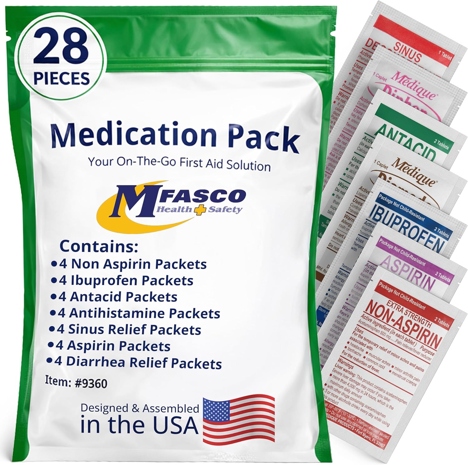 MFASCO 7-in-1 Travel Medicine Kit front view showing 28 packets for emergency use.