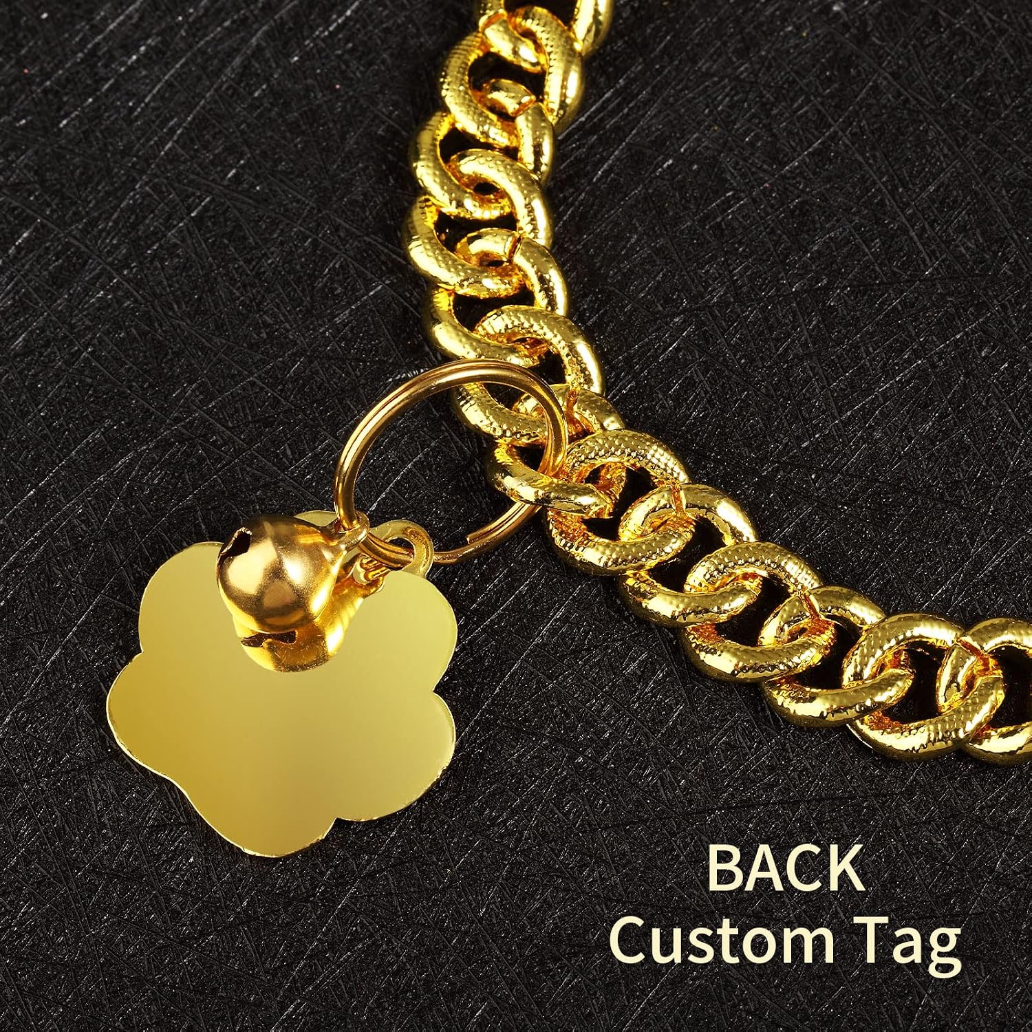 Hillban gold Cuban link pet jewelry highlighting the premium zinc alloy build and dimensions.