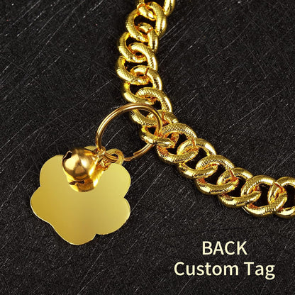 Hillban gold Cuban link pet jewelry highlighting the premium zinc alloy build and dimensions.