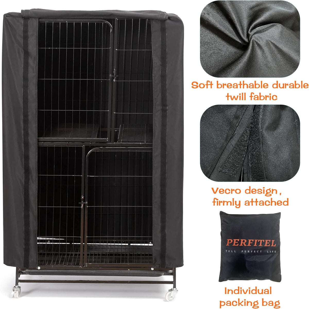 Side profile of Perfitel blackout bird cage cover on rectangular cage