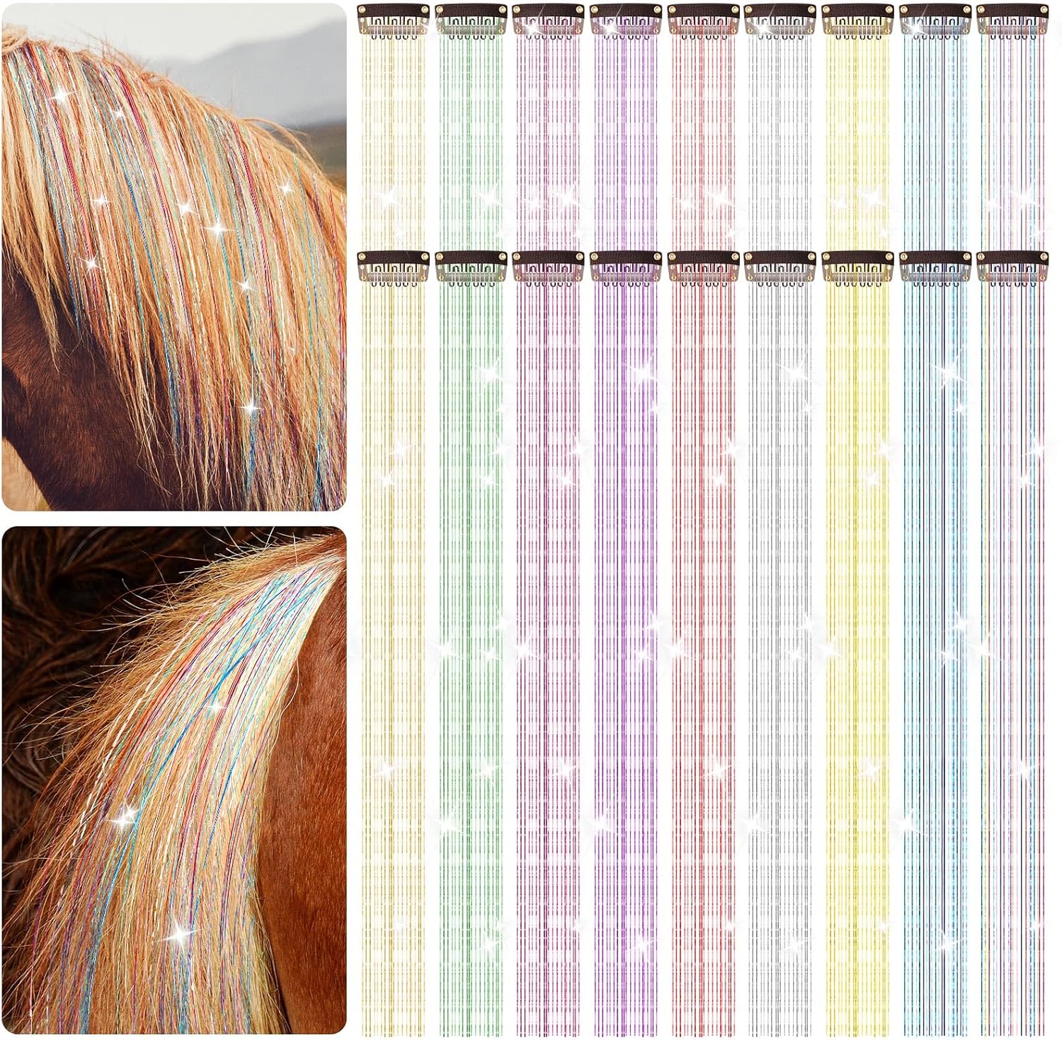 Juexica 18 Pcs Horse Accessory Clip in Hair Extensions for Mane and Tail Tack Stuff Pony Hair Tinsel for Halloween Western Bride Horse Lover and Girls Birthday(Multicolor) - Image 11