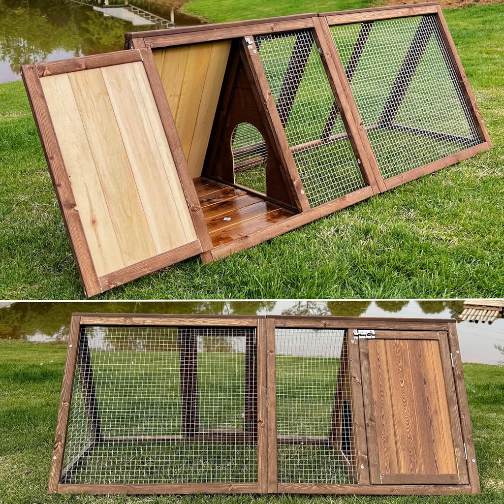 Outdoor Chicken Coop Wooden A-Frame Small Animal Coop Rabbit House Quail Cages with Outdoor Runs & Ventilated Wire Fence Suitable for Garden Backyard Farms 47 x 18 x 19.5 in (Brown) - Image 1