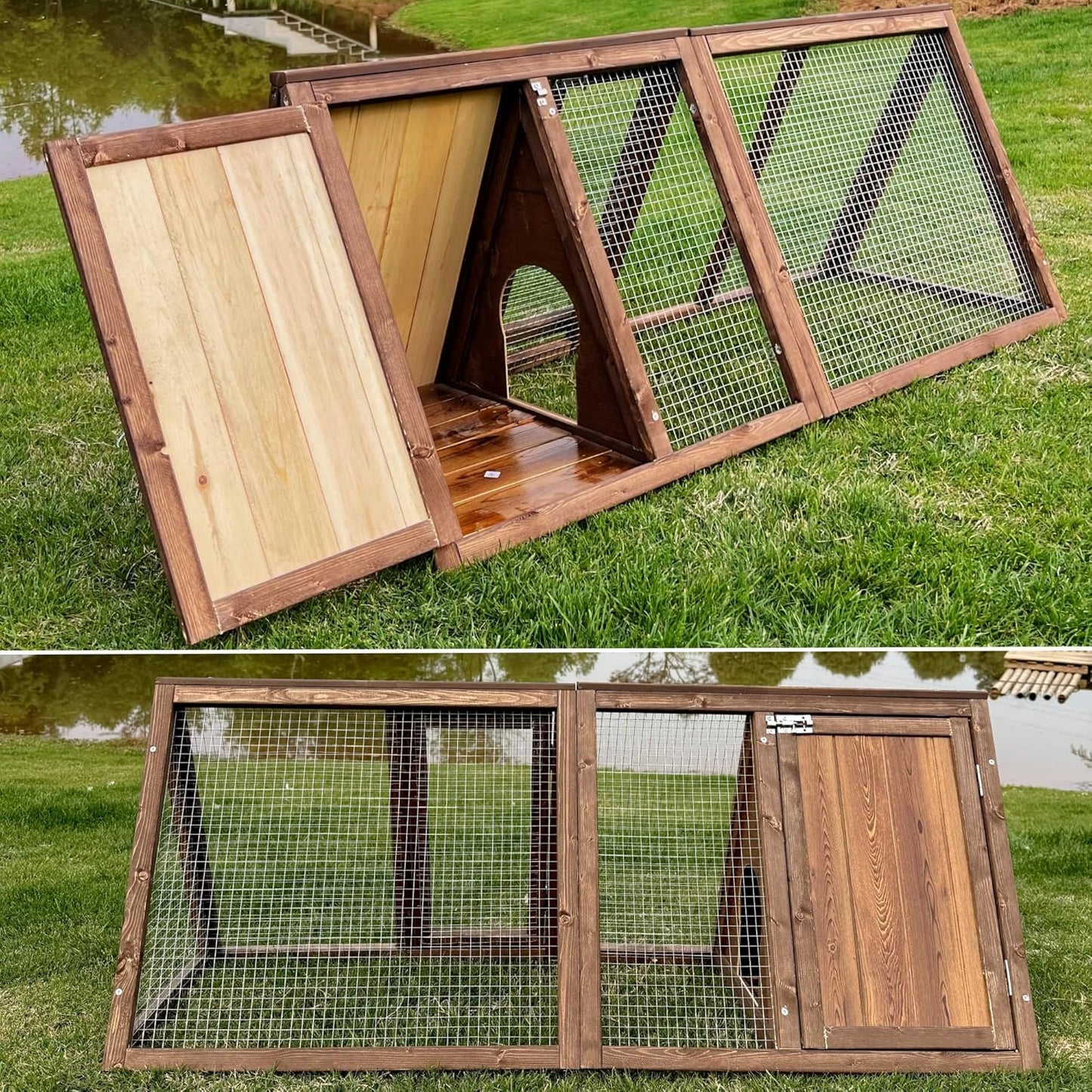 Outdoor Chicken Coop Wooden A-Frame Small Animal Coop Rabbit House Quail Cages with Outdoor Runs & Ventilated Wire Fence Suitable for Garden Backyard Farms 47 x 18 x 19.5 in (Brown) - Image 1