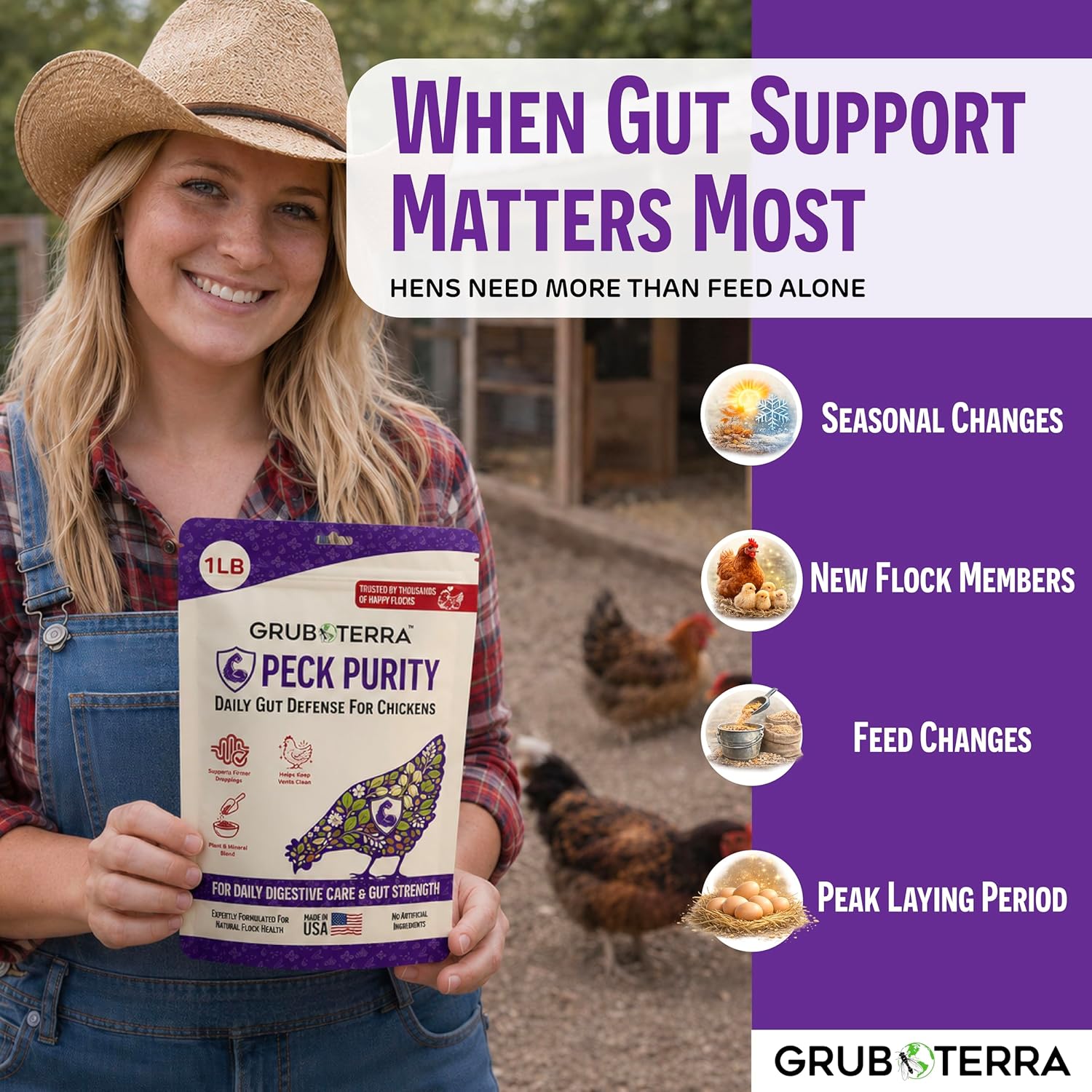 GrubTerra PeckPurity daily gut defense showing food grade diatomaceous earth texture