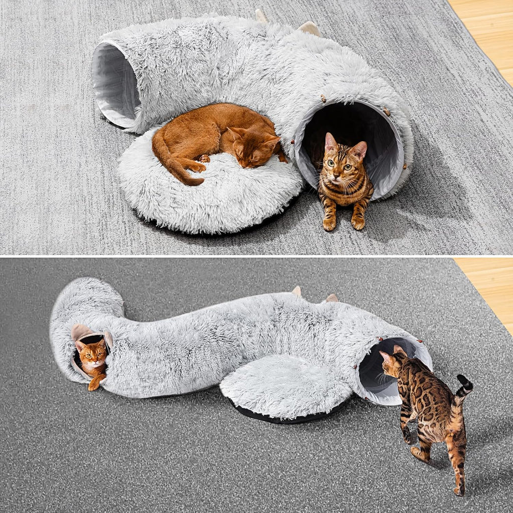 Collapsible cat donut tunnel bed unfolded on living room floor