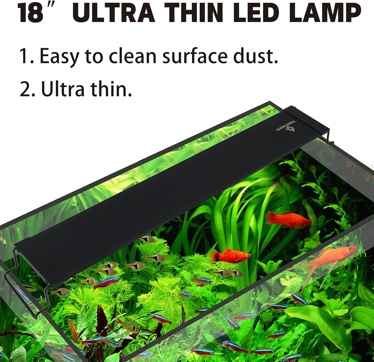 WaterRebirth aquarium light front view of LED fixture on planted tank