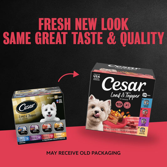 Cesar gourmet small breed adult wet food trays in four assorted flavors.