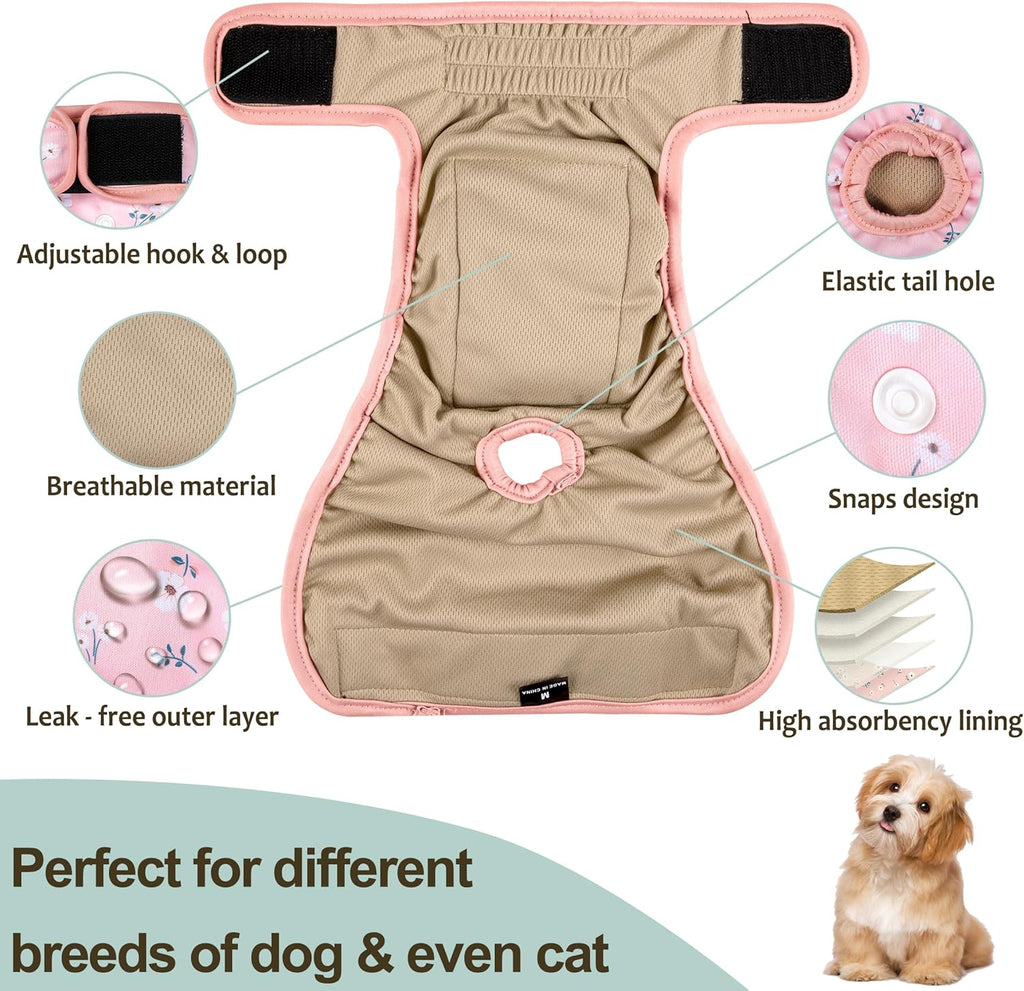 Five piece pack of Grecle small dog diapers featuring diverse floral designs